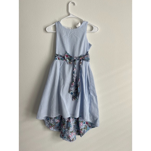 Rare Editions Other - Rare Editions Dress Girls 10 Blue White Striped Seersucker Floral Bow Tie Waist